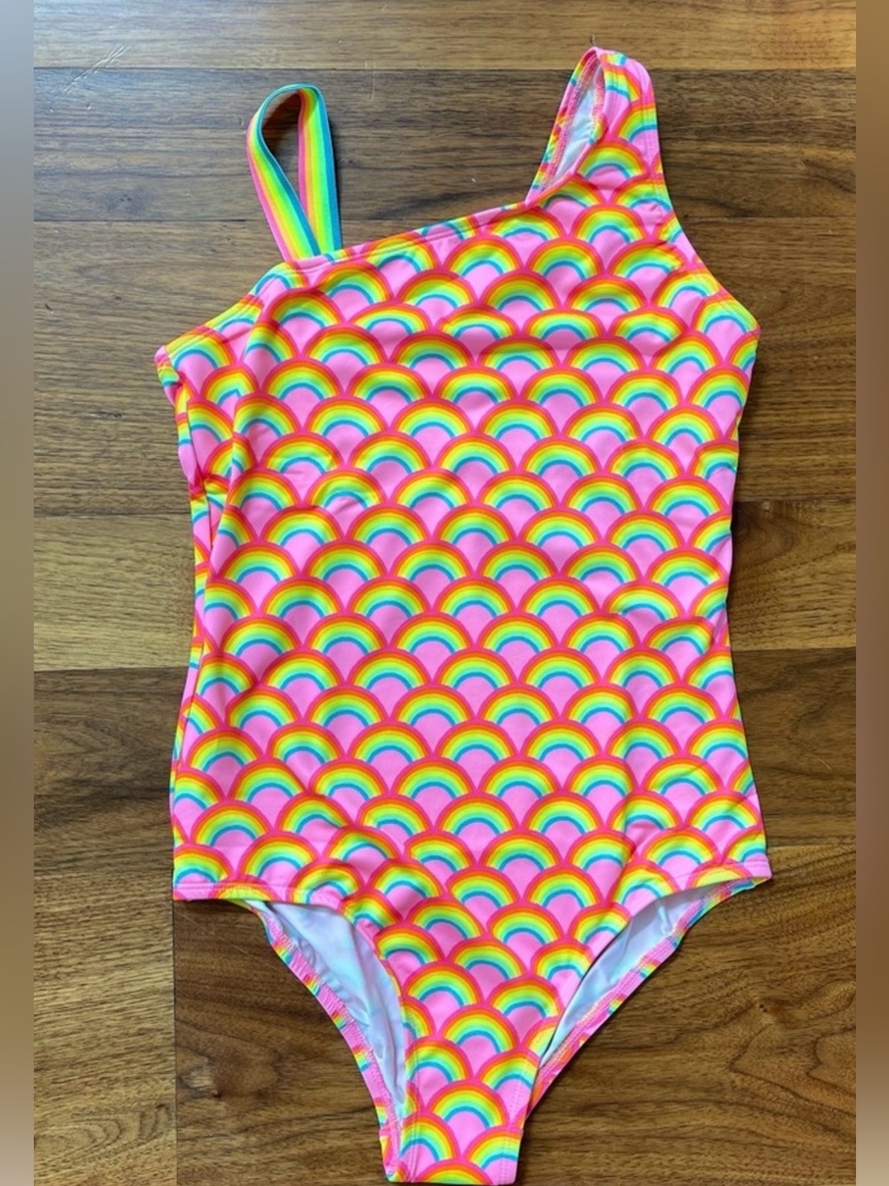 Lands’ End Girls Rainbow Asymmetrical One Piece Bathing Suit Size 12